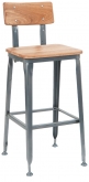 Dark Grey Industrial Style Metal Bar Stool with Wood Back and Seat in Natural Finish